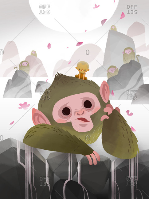 Monkey leaning on stones with a little Buddhist monk on his head in the night