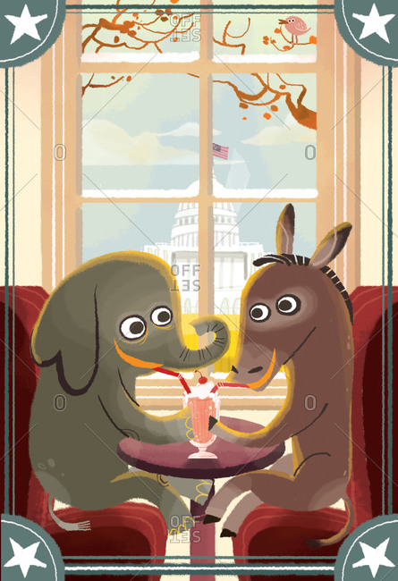 Elephant and mule sharing a milkshake in a diner in front of the White House
