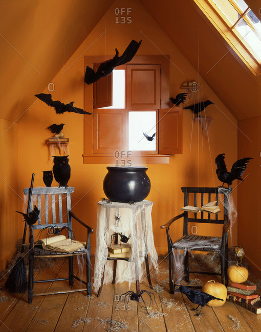 Scary Interior Decoration With Spider Web And Witch Scary Interior Decoration With Spider Web And Witch Caldron Stock Photo Offset