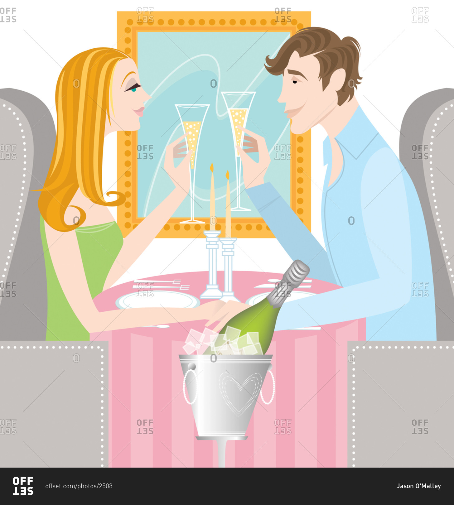 Young couple having romantic moments in a restaurant and drinking champagne