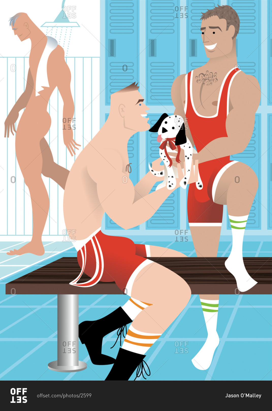 Handsome men in locker room wearing wrestling singlets and holding a puppy