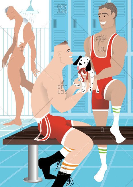 Handsome men in locker room wearing wrestling singlets and holding a puppy
