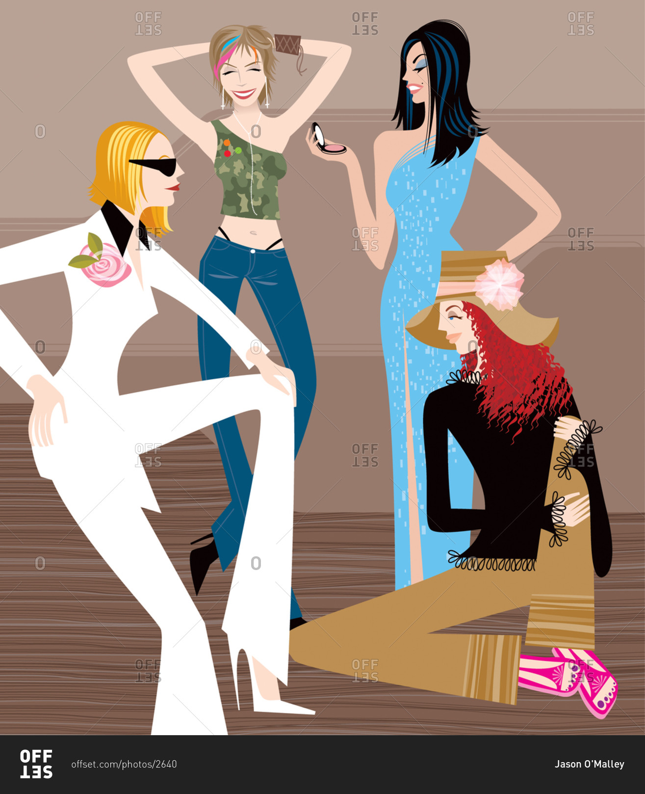 Four sexy women with different personal styles: minimal in white, hipster in jeans and camouflage, glamorous in gown, bohemian in hat and bell bottoms with sandals
