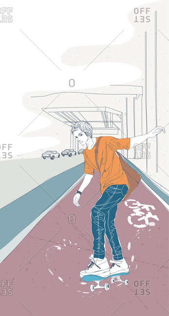 Illustration of young man skating on street