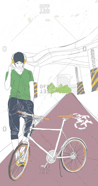 Illustration of man listening to music standing with bicycle