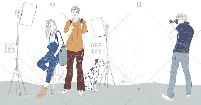 Illustration of photographer photographing fashionable couple with Dalmatian