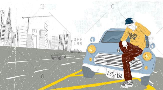 Illustration of man with car on street