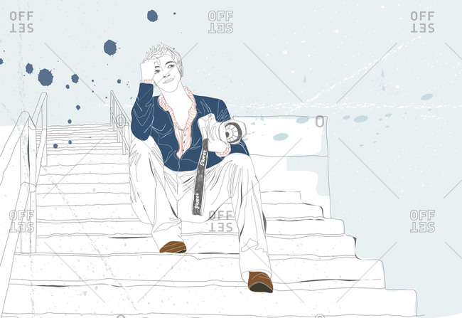 Illustration of man holding camera while sitting on steps