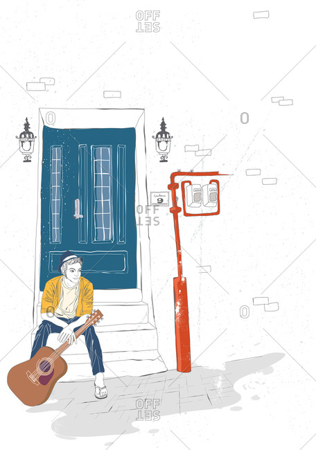 Illustration of man sitting with guitar