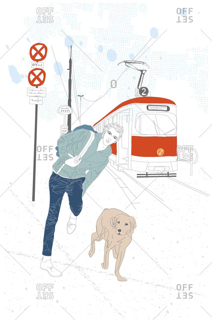 Illustration of man on train platform with his dog