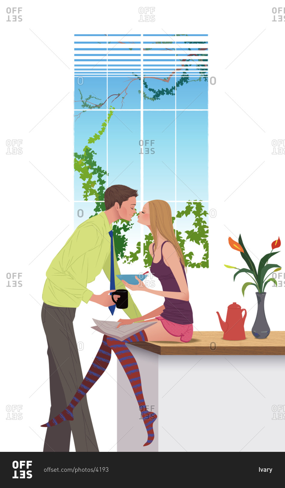 Couple Kissing While Having Breakfast In Morning