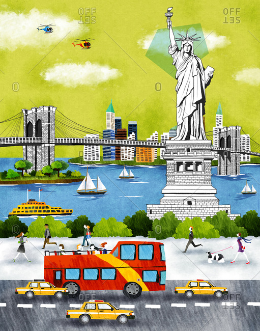 USA, New York, New York City, Statue Of Liberty An Bridge