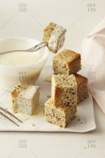 Fruit bread cubes with Creme Anglaise