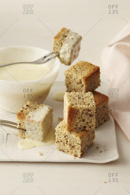 Fruit bread cubes with Creme Anglaise
