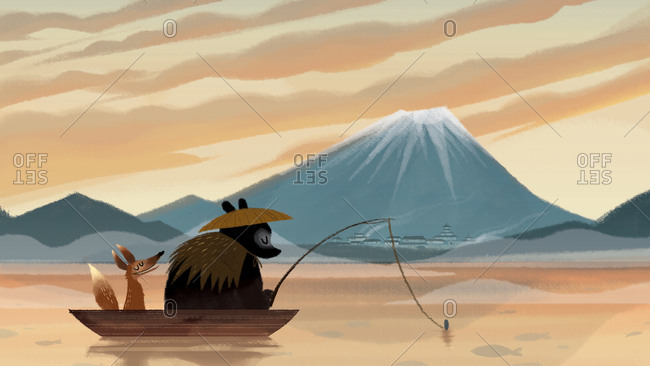 Bear and fox fishing in front of Mount Fuji
