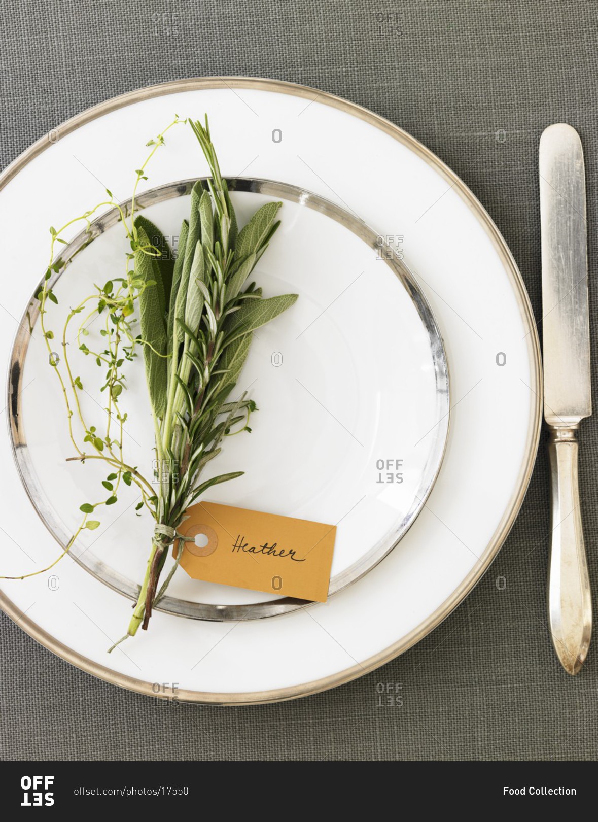 Place Setting with a Bouquet of Herbs and a Name Tag