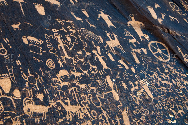 One of the largest known collections of petroglyphs in the world at Newspaper Rock at Newspaper Rock State Historic Monument, UT.