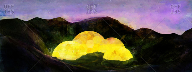 Landscape of the Eden Project in Cornwall, a group of glowing yellow biospheres in a dark green valley with pale purple starry sky