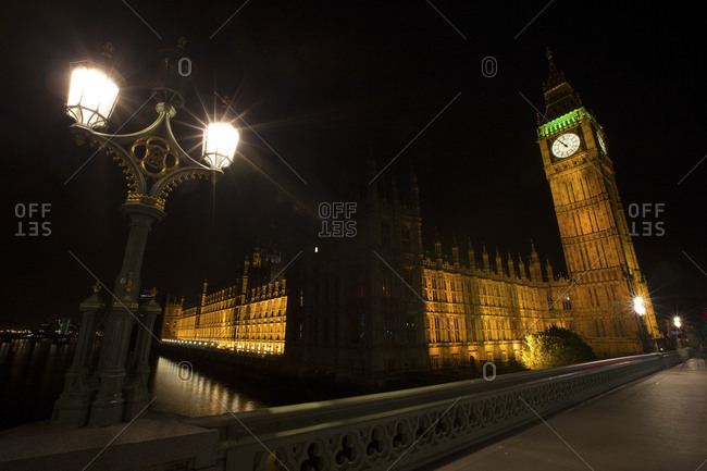 Big Ben and the House of Lords illuminated at night, London, UK
