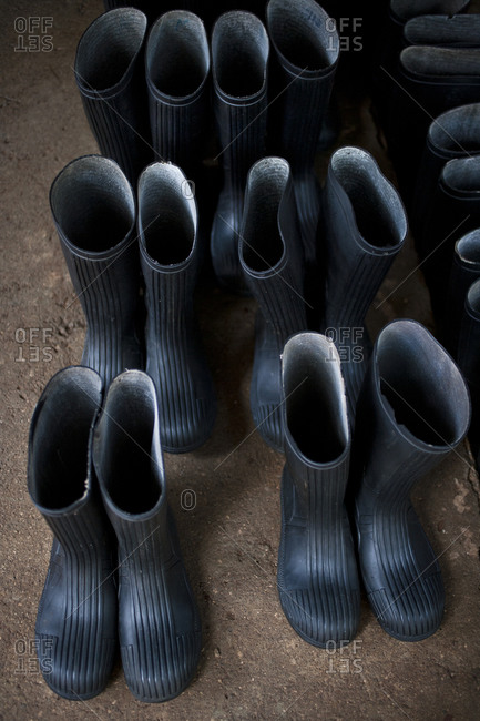 Overhead view of black rubber boots