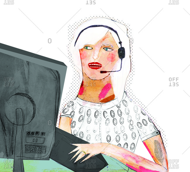 A  girl with a patterned blouse working in a call center in front of a big screen
