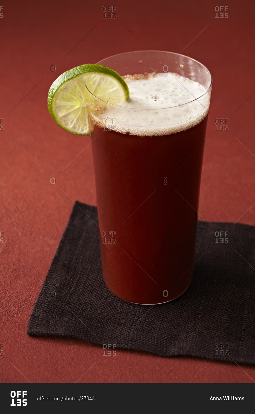 A michelada cocktail made with tomato juice, soy sauce, worcestershire