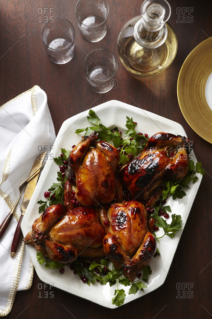 Glazed roasted poultry overhead - Offset