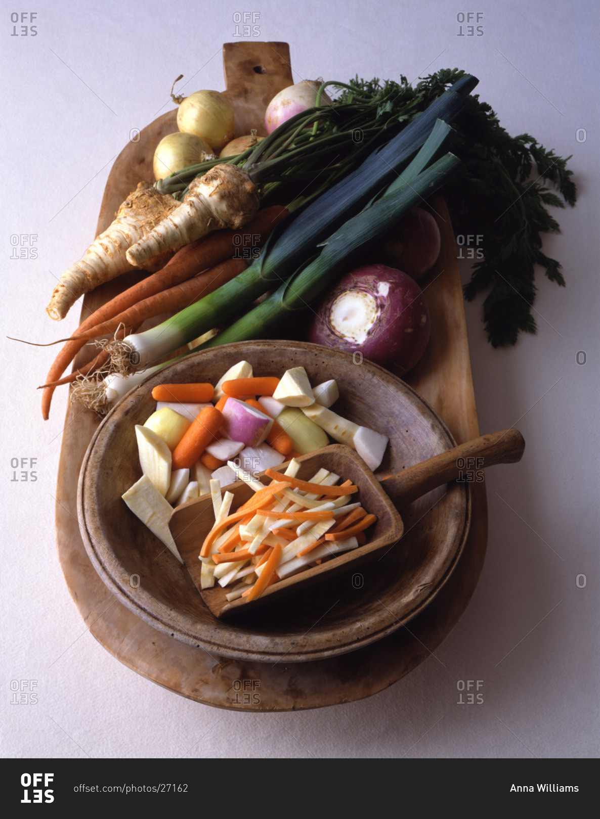 Root vegetables whole and cut up: carrots, onions, turnips, radishes, and scallions