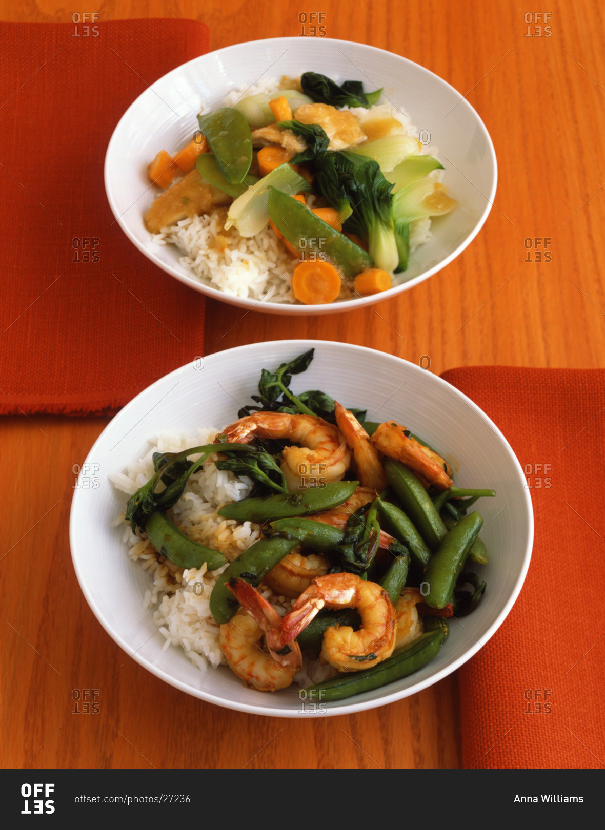 Shrimp and vegetable stir fry with snow peas, carrots, pak choi and jasmine rice