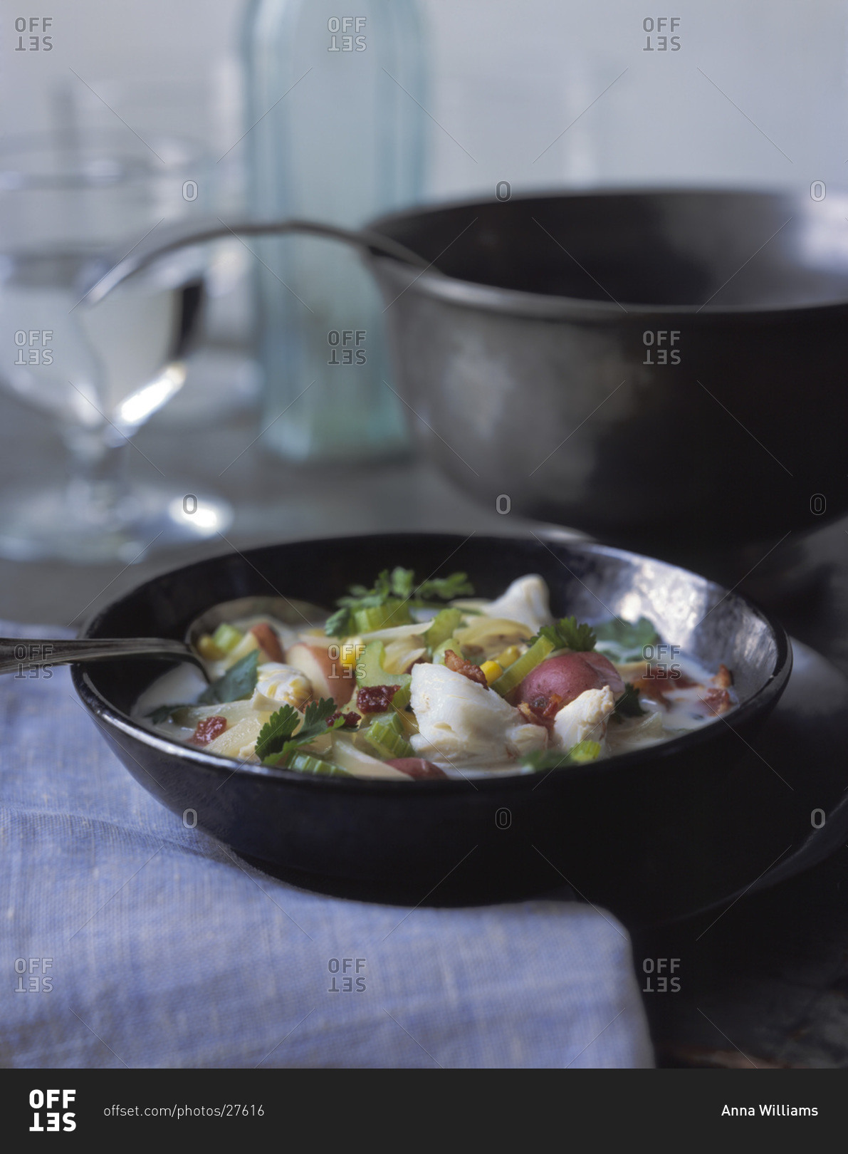 Rich fish chowder served in a pan