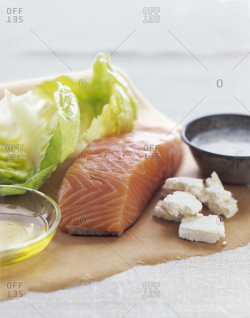 Composition with salmon, cheese and sauce displayed on textured paper