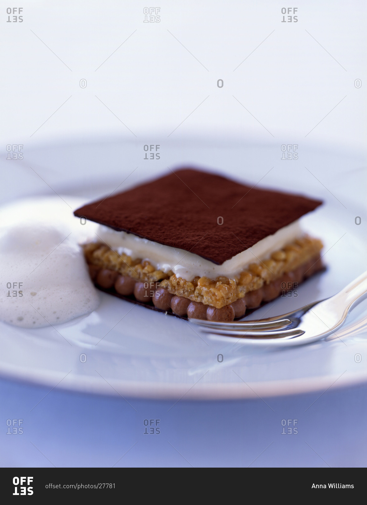 Molecular gastronomy: layered creamy dessert served with foam