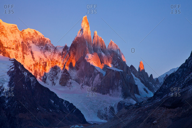 Alpenglow and jagged shadows on Cerro Torre, Los Glaciares National Park, Argentina
