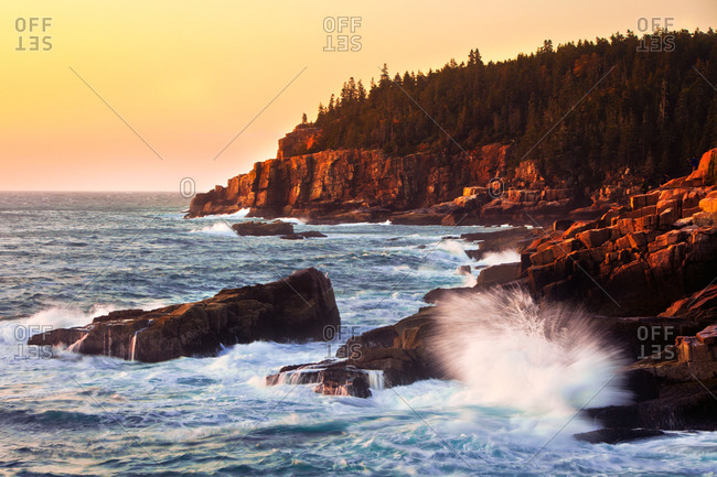 Waves break along the rugged Maine coastline, Acadia National Park