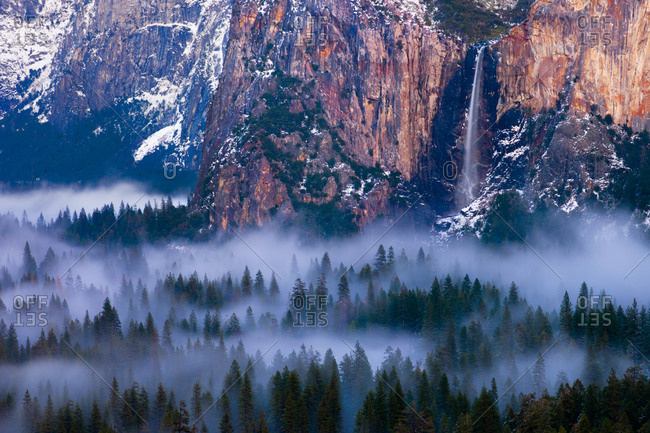 Bridalveil Falls And Yosemite Valley Floor In Fog In Yosemite National Park California Stock Images Page Everypixel