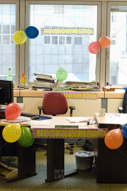 Office interior with colorful balloons