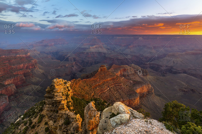 A moody sunrise from the South Rim of the Grand Canyon Looking down Cedar Ridge and the South Kaibab Trail from Yaki Point