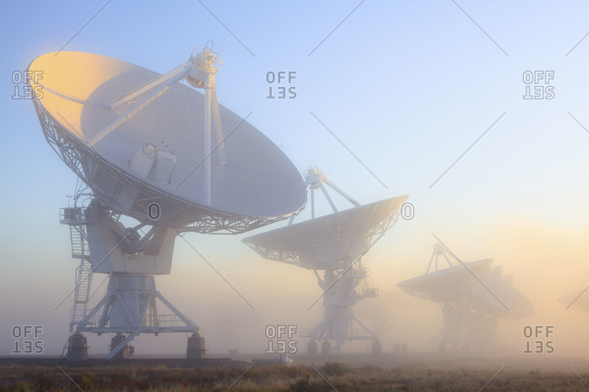 The National Radio Astronomy Observatory's Very Large Array in fog on the Plains of San Augustin in southwestern New Mexico