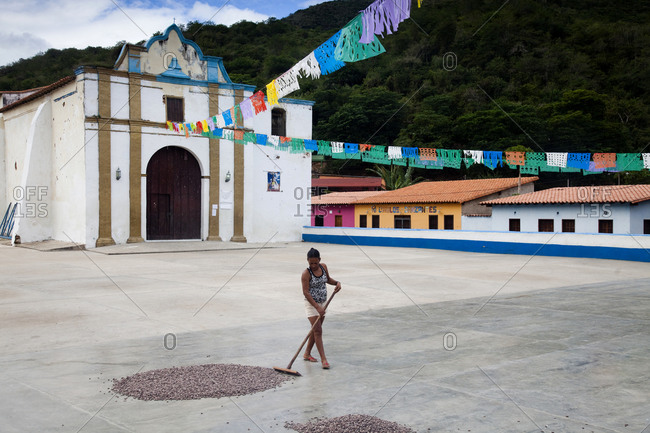 A woman rakes cacao beans into a pile in front of the town church in the small, remote village of chuao, venezuela