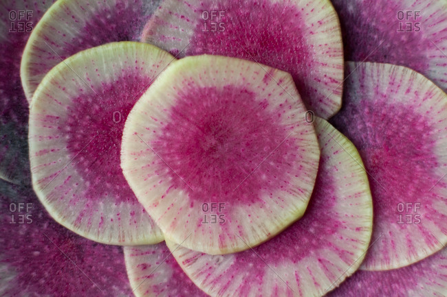Closeup colorful pattern on sliced radish