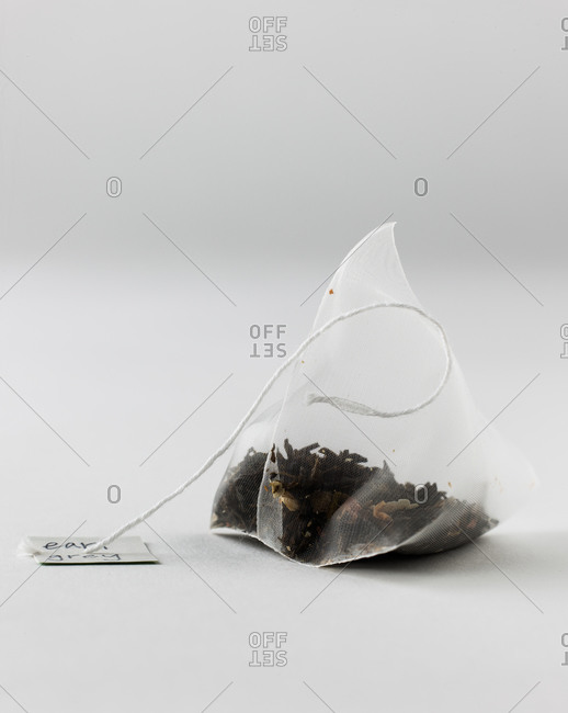 Close-up of single teabag of Earl Grey tea