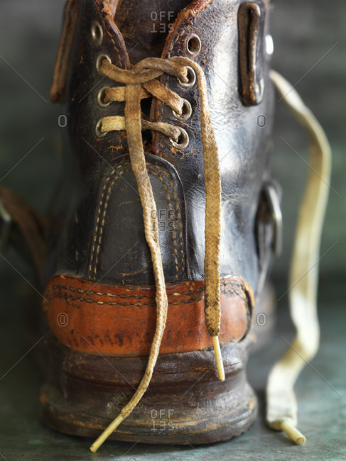 Close-up of vintage snow boot with white shoelace