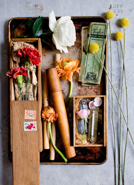 Arranged vintage items and flowers