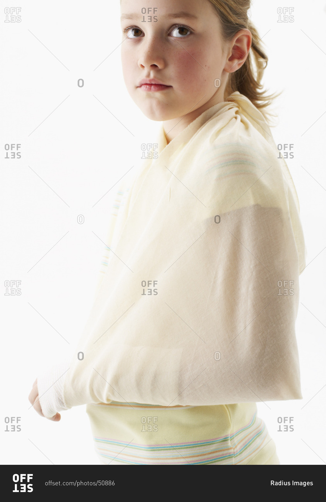 Portrait of girl with broken arm stock photo OFFSET