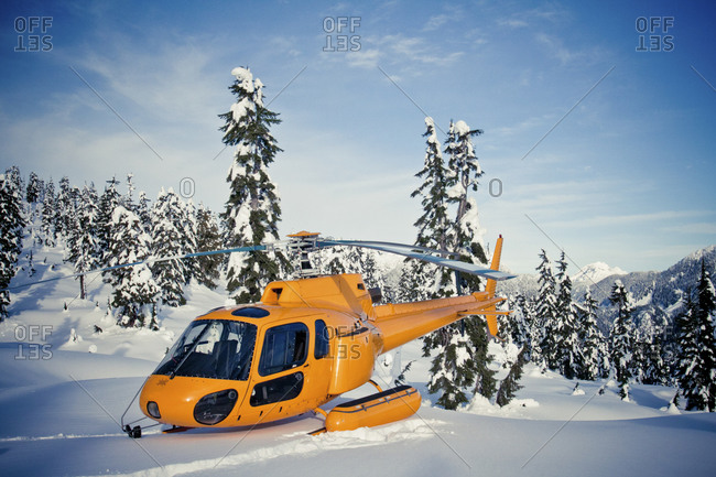A helicopter landed in a remote subalpine area near Vancouver, British Columbia, Canada