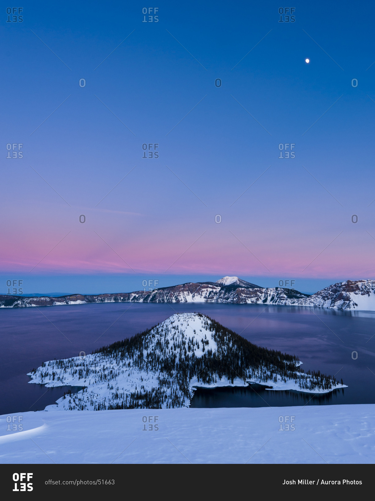 Crater Lake at sunset with full moon over Wizard Island, Crater Lake National Park, Oregon