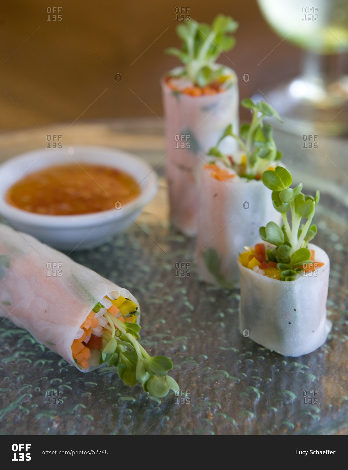 Close up of Asian spring rolls with dip sauce