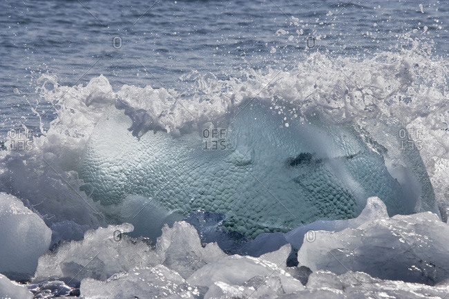 UK Territory, South Georgia Island, Wirik Bay. Wave crashes into ice on beach.