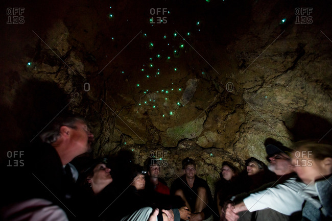 Tourists admiring glowworms in a cave