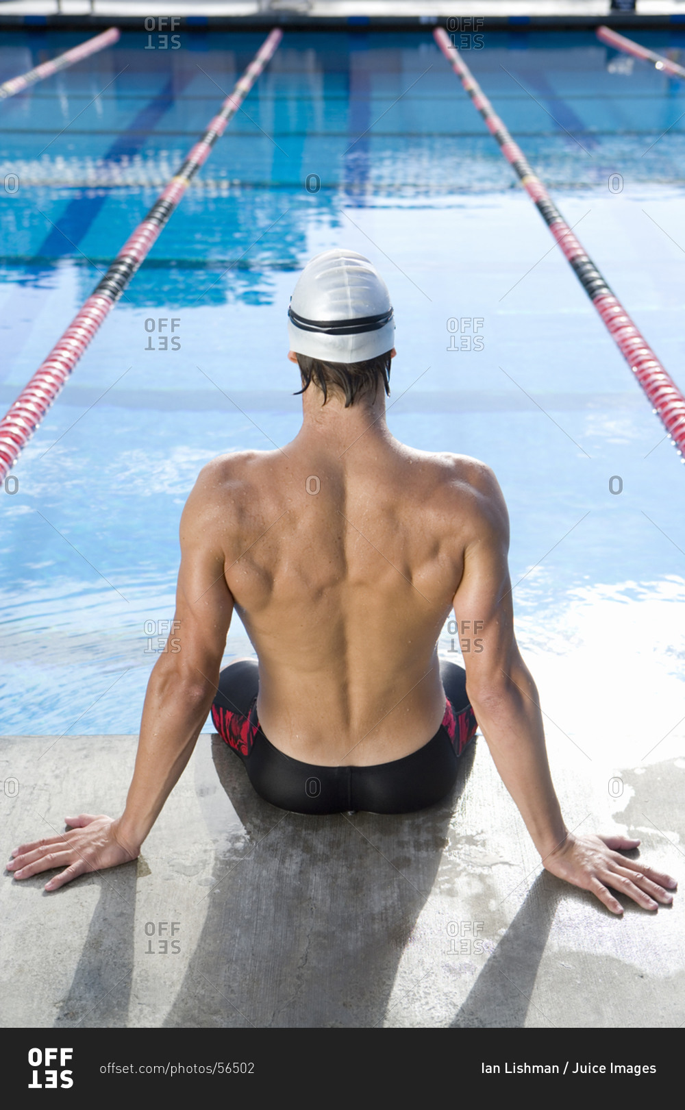 Male swimmer on edge of swimming pool, rear view